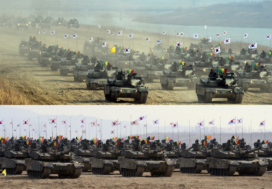 浩浩荡荡:韩军朝韩边境摆大阵 250辆战车秀武