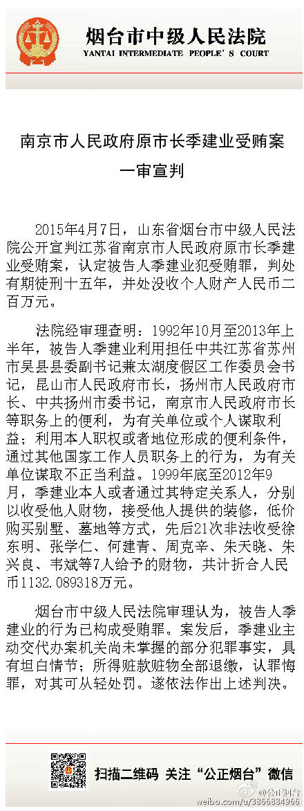 季建业因受贿罪被判有期徒刑15年 当庭表示不上诉