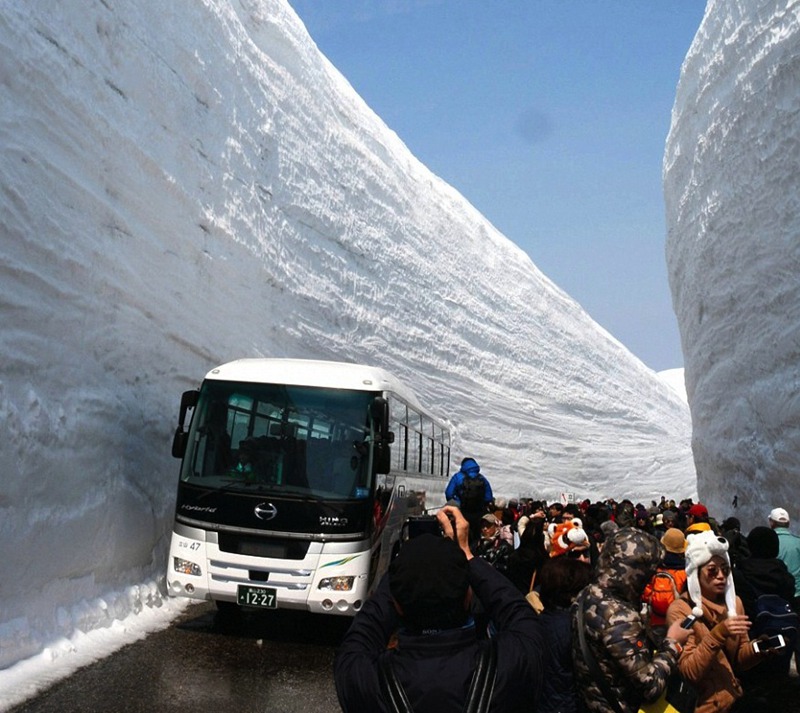 日本“雪墙公路”对外开放 两侧积雪20米