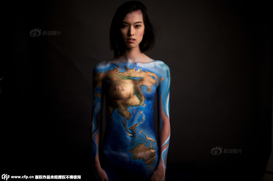 美华裔模特裸身彩绘地球图案呼吁素食
