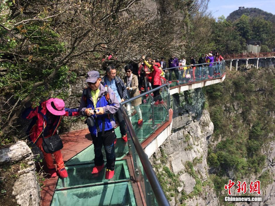 张家界天门山新增玻璃栈道 游客步步惊心