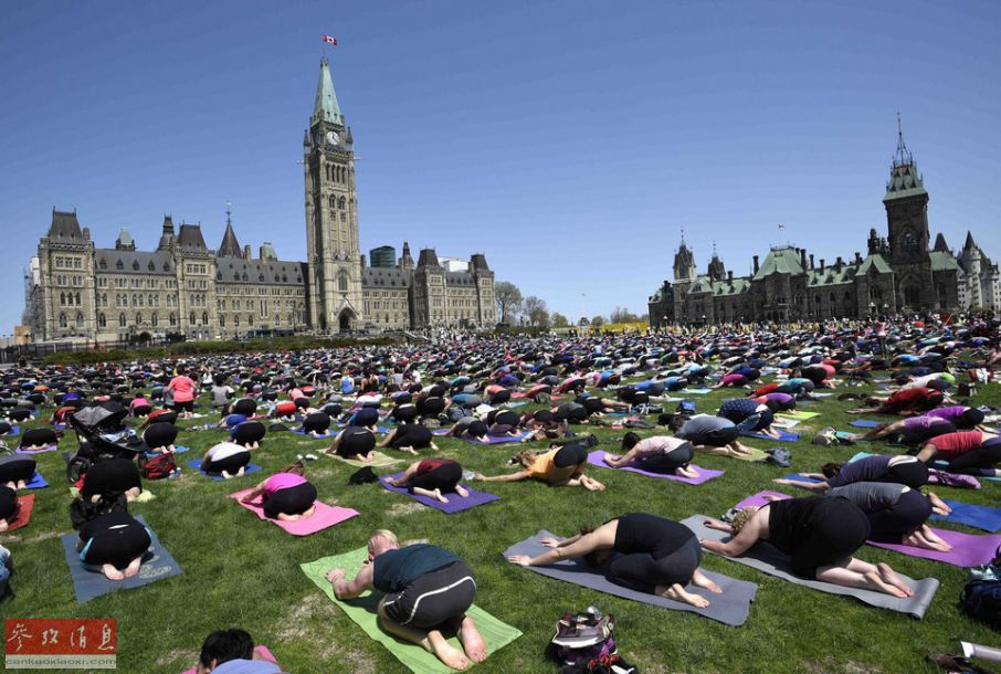 加拿大民众国会山前做瑜伽场面壮观