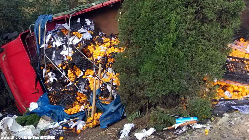 安徽芜湖货车侧翻2万斤柑橘散落高速 交警帮忙花6个小时捡回