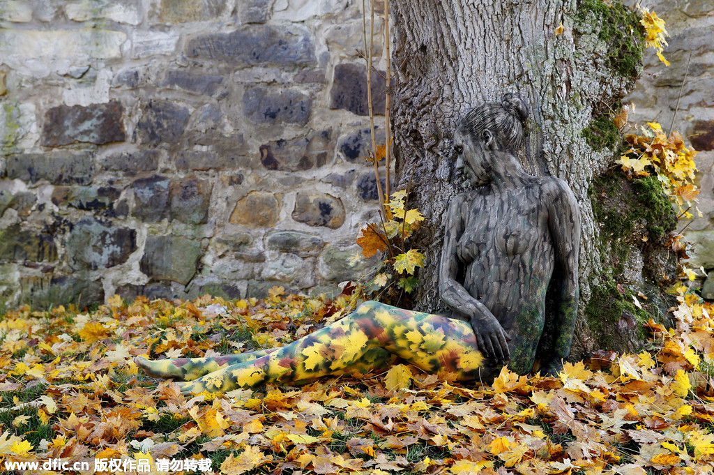 德国艺术家彩绘躶体模特“隐身”秋日树林