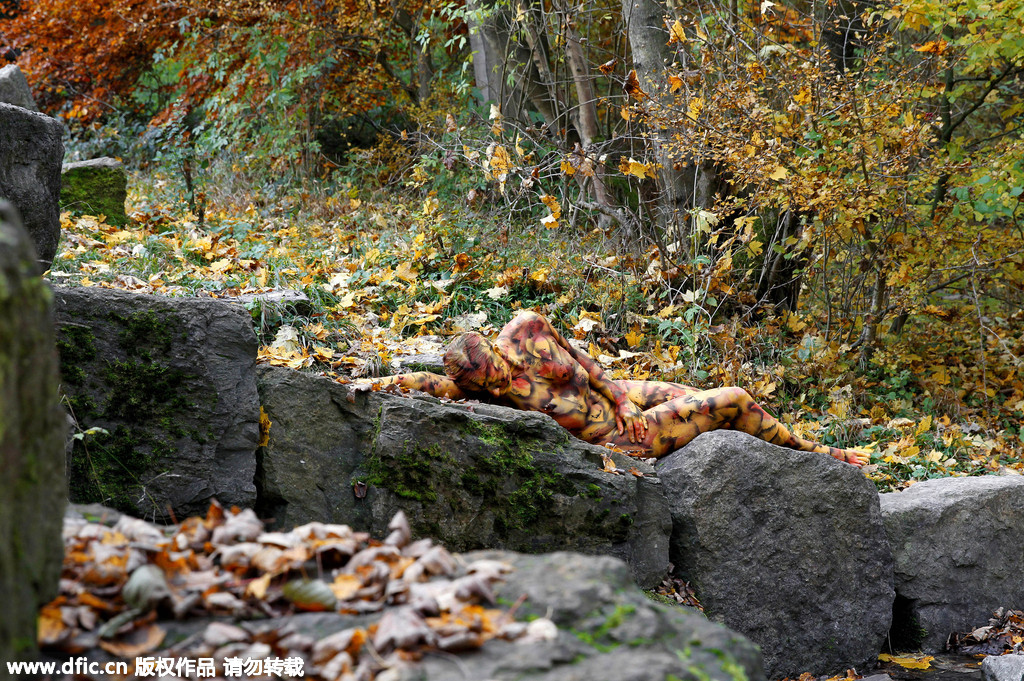 德国艺术家彩绘躶体模特“隐身”秋日树林