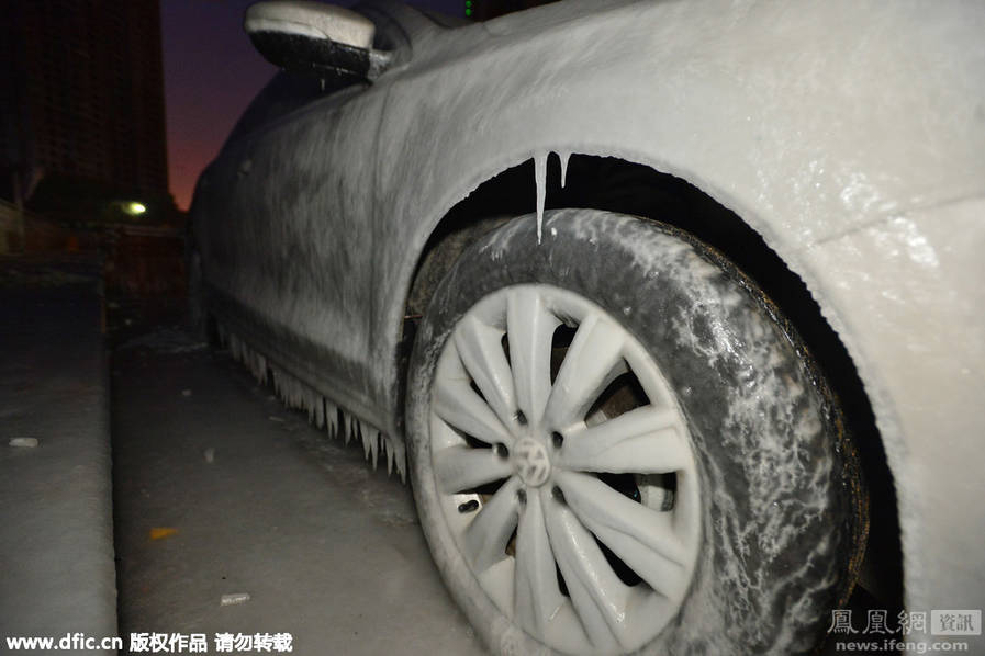 青岛：停在海边的小轿车被“冰封”