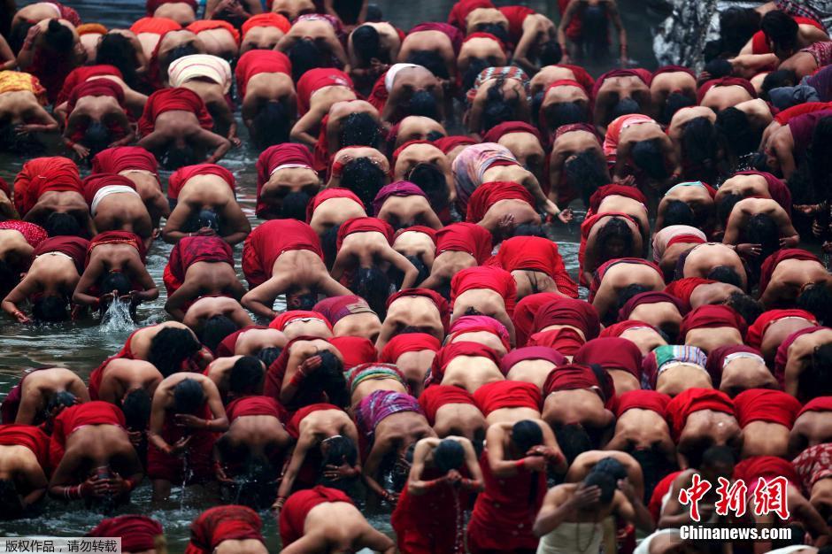 尼泊尔妇女半裸上身洗圣浴 为丈夫祈福
