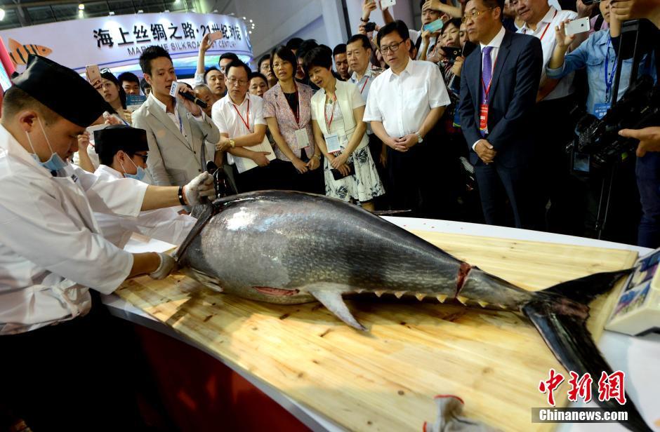 重200斤蓝鳍金枪鱼亮相福州“渔博会”