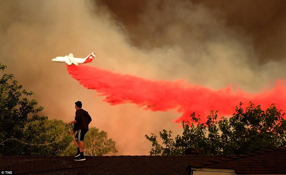 洛杉矶野火肆虐 粉色阻燃粉让天地变色