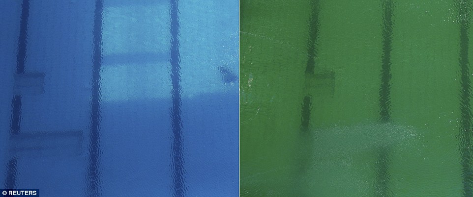 奥运比赛进行中 泳池的水突然变色