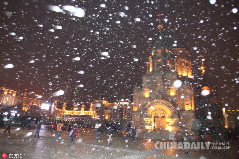 冰城哈尔滨降下2016首场雪 市民游客雪中“撒欢”