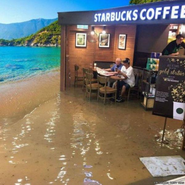 洪水中喝咖啡走红 网友爆笑:仿佛洪水只淹别人
