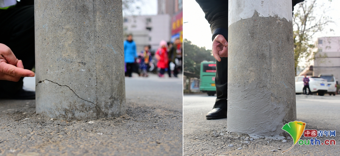 郑州再现“奇葩”事：线杆出现裂缝涂抹水泥浆遮掩