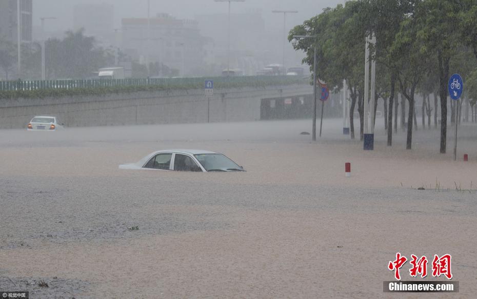 广州突降暴雨 轿车被淹几被没顶