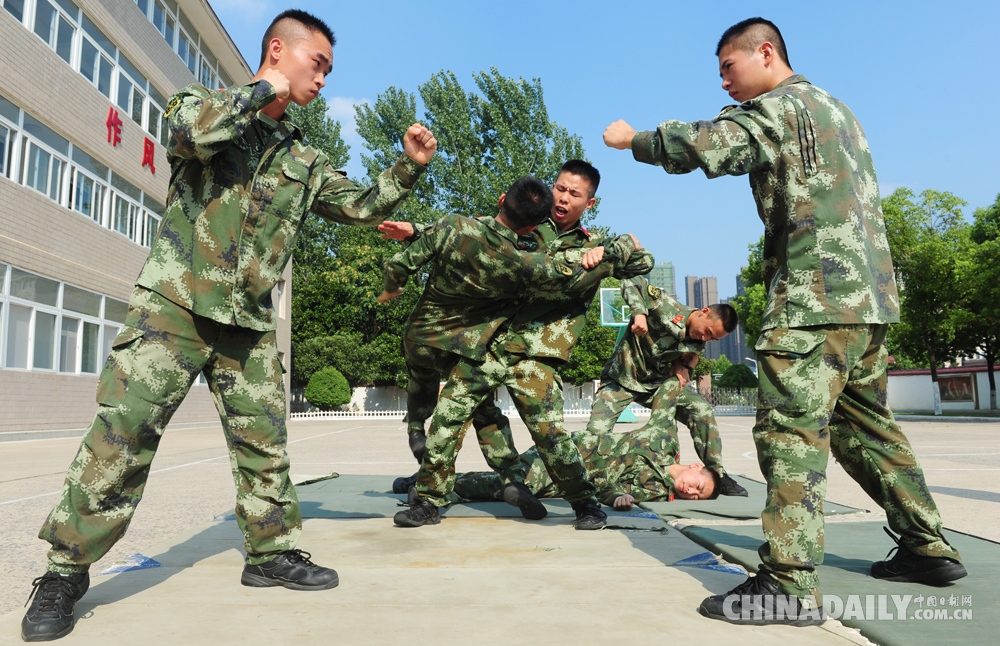 7月26日,安徽省阜阳武警支队一中队战士在烈日下进行擒敌术基本动作