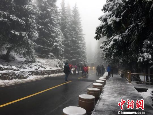 新疆天山天池瑞雪纷飞 游客风雪无阻赏雪景