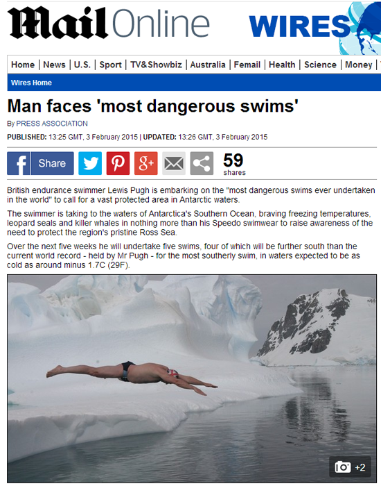 英男子南极游泳破世界纪录 4个月恢复手臂知觉